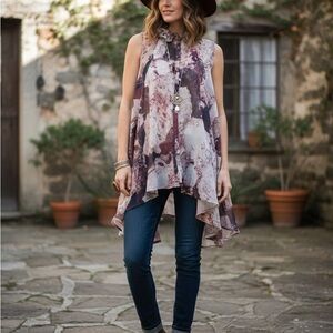 JAIPUR Boho Abstract Watercolor Ruffle Neck Sleeveless Tunic Top - Large